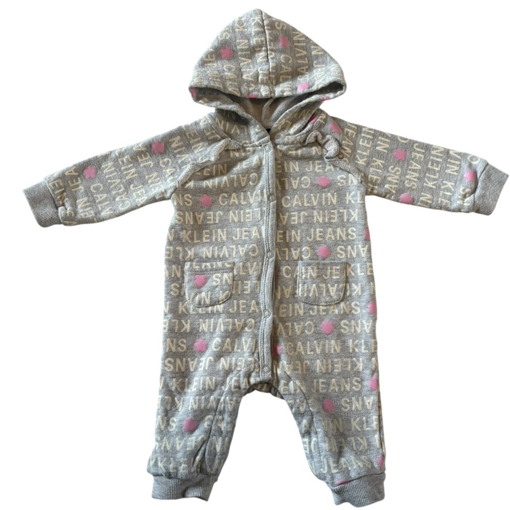 Calvin Klein Baby Hoodie Romper 3-6M Gray Logo One Piece Outfit